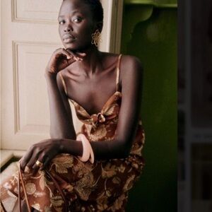 Sezane Chiaretta Floral Brown Spaghetti Strap Dress